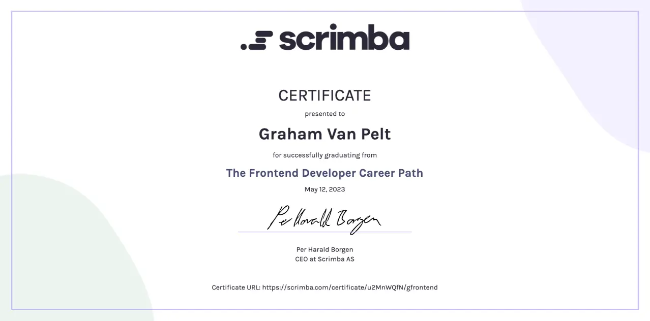 Graham Van Pelt's Scrimba Graduation Certificate